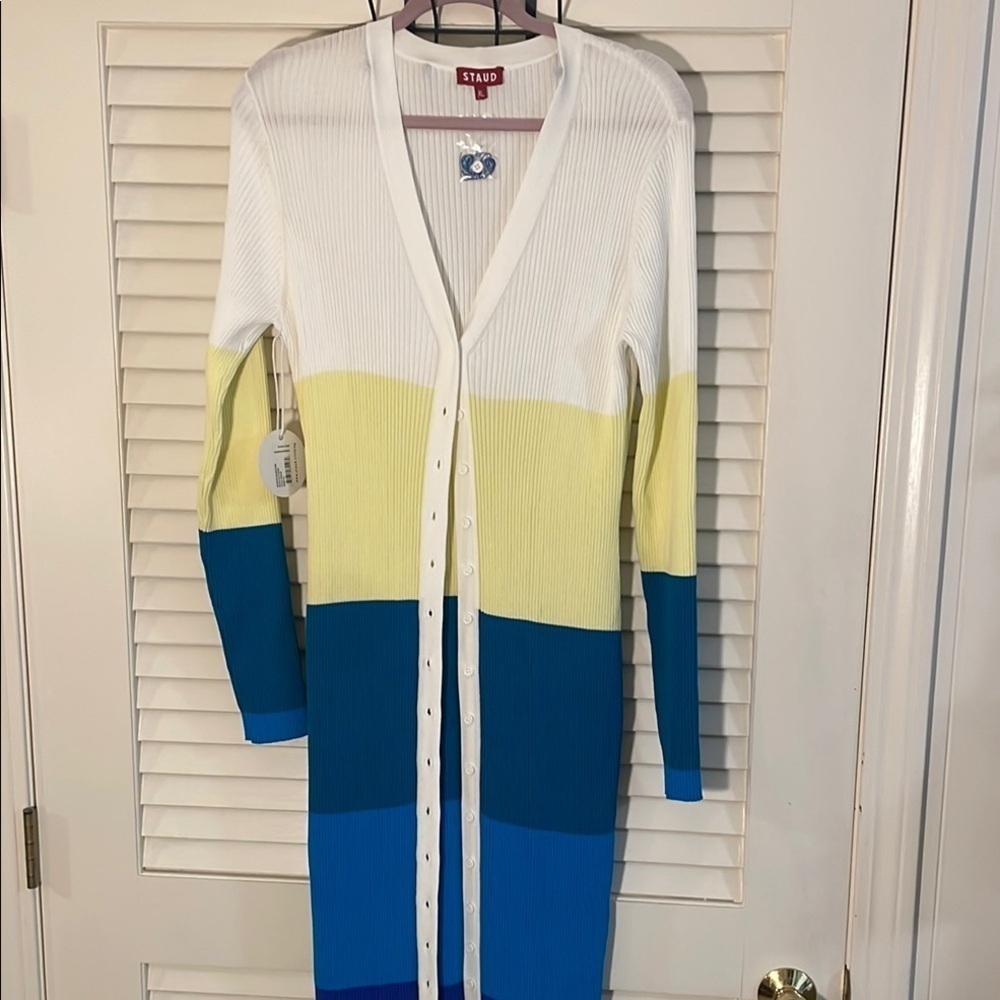 STAUD Colorblock Multicolor Rib Button Down Cardigan Sweater Dress